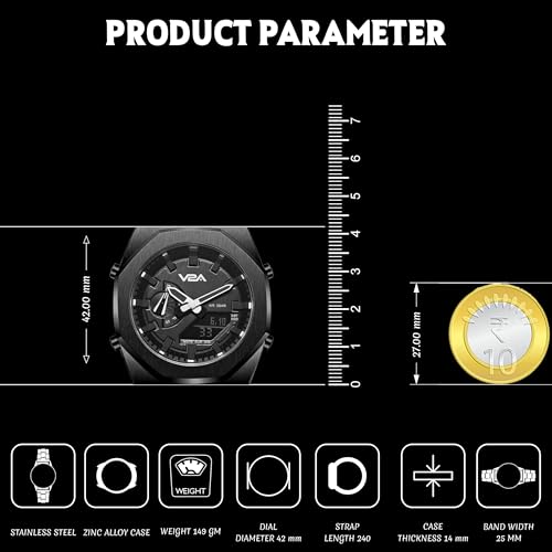 Image of V2A Allure Analogue-Digital Watch for Men, Alloy Case, Stainless Steel Band, 30M Water Resistant, 5 Alarms, World Time, Countdown, Stopwatch Men Watch | Birthday Gift for Man (Black-Black)