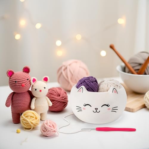Image of Cat Yarn Bowl for Knitting Cute Ceramic Yarn Bowl Crochet Accessories Large Yarn Holder Storage Gift for Knitters Crocheters
