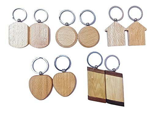 Image of Empty Wooden Keychains, Laser Engravable, Printable & Writable, Pack of 10 Assorted Shapes, 5cm x 3cm