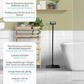 FISHTEC - Bilancia Persona Con Schermo Ravvicinato - Lunga Barra per Display LCD Retroilluminato Nelle Vicinanze - Indicatore di Peso Luminoso - Bilancia a Colonna Inclinabile e Piattaforma in Vetro