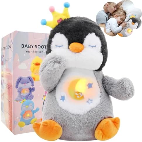Breathing Stuffed Animal, Soothe Snuggle Penguin Plush for Anxiety Adults and Kids, Volume Control, Machine Washable, Sleep Buddy Soothing Penguin with Realistic Breathing and Lights Music, 4 Modes
