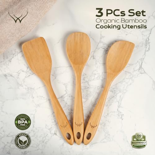 Image of Prime Bamboo Wooden Spoons for Cooking Set of 3 Pcs - Wooden Cooking Utensils with Long Handle, Includes Flat Wood Spoon, Bamboo Spatula, and Slotted Spoon for Kitchen Utensils Set