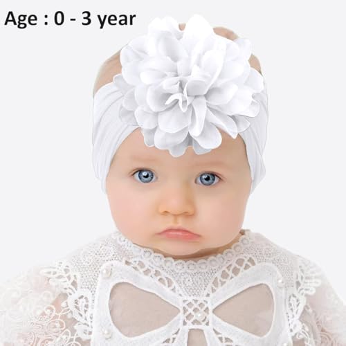 Image of SYGA PACK OF 3Headbands Nylon Flower Soft Stretchable Hairband for Newborn Infant Toddler Kids For 0-3 Year (White-Khaki-Green)