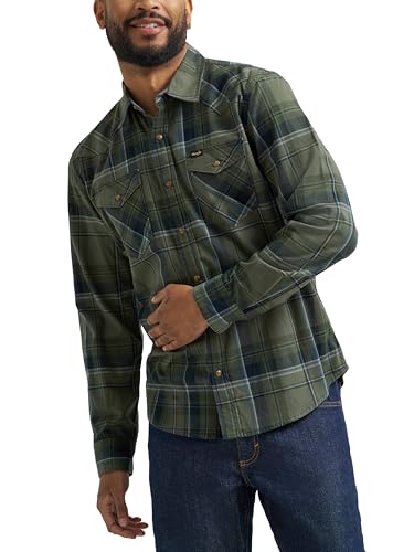Wrangler Men's Iconic Denim Regular Fit Snap Shirt, Thyme Plaid, Large
