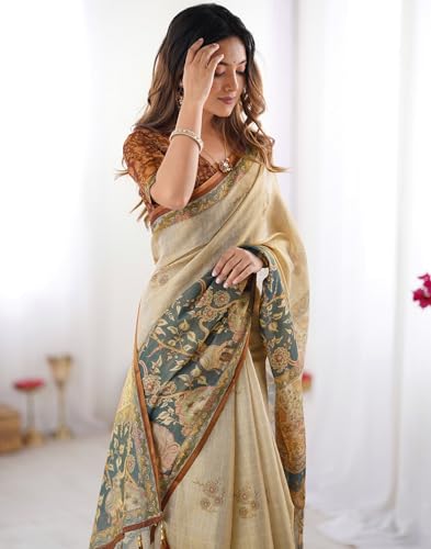Image of SIRIL Women's Cotton Linen Kalamkari Printed Handloom Saree with Unstitched Blouse Piece