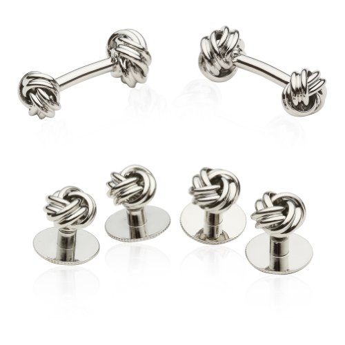 Classic Silver Knot Cufflinks & Studs Set Tuxedo Shirt Formal Set for Wedding Groomsmen Groom with Travel Presentation Gift Box