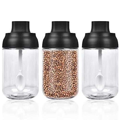 Supkiir Spice Containers Glass 3Pcs Kitchen Glass Condiment Containers with Lids 8 oz Spice Jars Small Spoons for Spice Jars Moisture-Proof Seasoning Containers Glass，Seasonings Container Set for Storage Spices