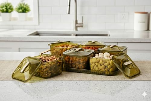 Image of Dry Fruit Serving Set with Tray and Lids, Airtight Container Box, Acrylic Food Grade Candy /Snack Storage for Home /Gifting (6 Pic Set)