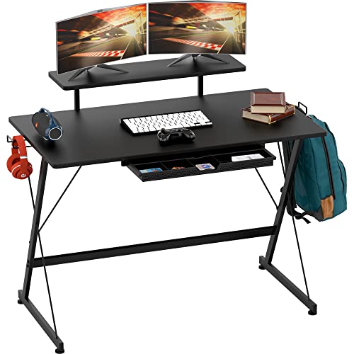 SHW 40-Inch Gaming Desk with Monitor Riser, Drawer and Hooks, Black