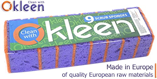 Image of Purple and Orange Multi Use Scrub Sponges. Made in Europe. 18 Pack, 4.3x2.8x1.4 inches. Heavy Duty & Non Scratch Fiber. Odorless, Durable, Delicate, Rinse Clean Violet Scrubber