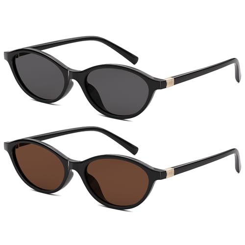 Retro Oval Polarized Sunglasses for Womens:Men Cat Eye Trendy Sunglasses Sunnies Lightweight UV Protection(Grey+BlackTea,53mm)