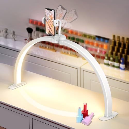 Adonafy Media Luna Lámpara para Uñas: 23' Lampara Media Luna con Soporte para Teléfono - 3 Modos de Color y 10 Niveles de Brillo Ajustables para Manicura (Blanco, Pequeño)