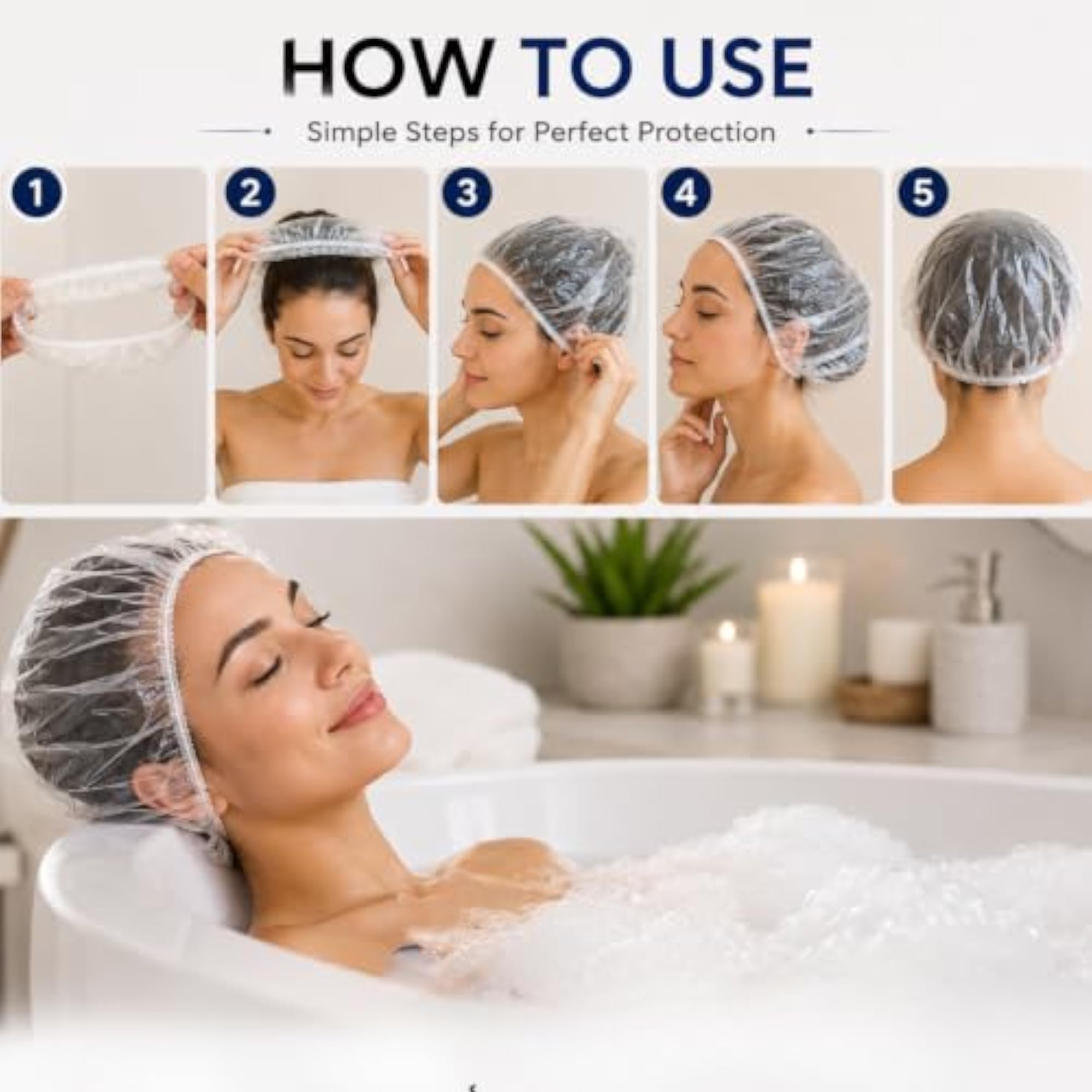 Disposable Plastic Clear Hair Cap Pack of 30, Waterproof Shower Cap