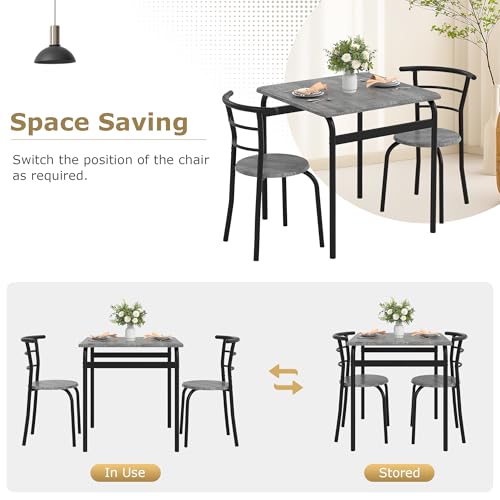 Image of VECELO 3-Piece Dining Table Set for Kitchen Breakfast Nook, Wood Grain Square Tabletop and Metal Frame, for Small Spaces, Grey