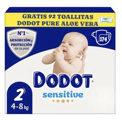 Dodot Sensitive Pañales, Talla 2 (4-8 kg), 174 Unidades, Barrera Stop Fugas, Ultra Suave+regalo 92 toallitas Dodot Pure Aloe Vera