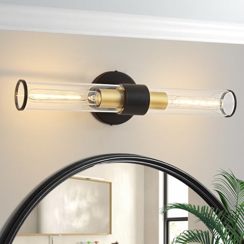 Image of Black and Gold Wall Sconce, Bathroom Light Fixtures in Clear Glass Indoor Wall Sconces, Modern Sconce Wall Lighting Up and Down Vanity Lights Fixtures for Bathroom - Bulb Not Included
