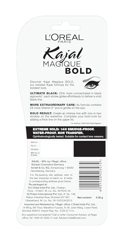 Image of L'Oreal Paris Kajal, Waterproof Eyeliner, 14 Hours of Smudge-Proof Wear, With Vitamin E, Cocoa Butter, Olive Oil Esters and Vitamin C, Magique, Colour: Bold, 0.35g