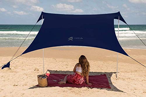 Family Beach Tent Canopy Sunshade with Sandbag Anchors - Simple & Versatile. SPF50, Lycra Sun shelter for The Beach,Camping and Outdoors (Cobalt Blue, Large)