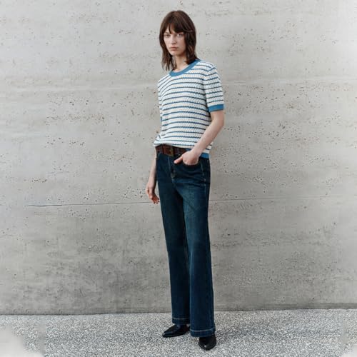 Image of URBAN REVIVO Women's Short Sleeve Sweaters Crewneck Knit Tops Casual Striped 2025 Trendy Soft Summer Blouses