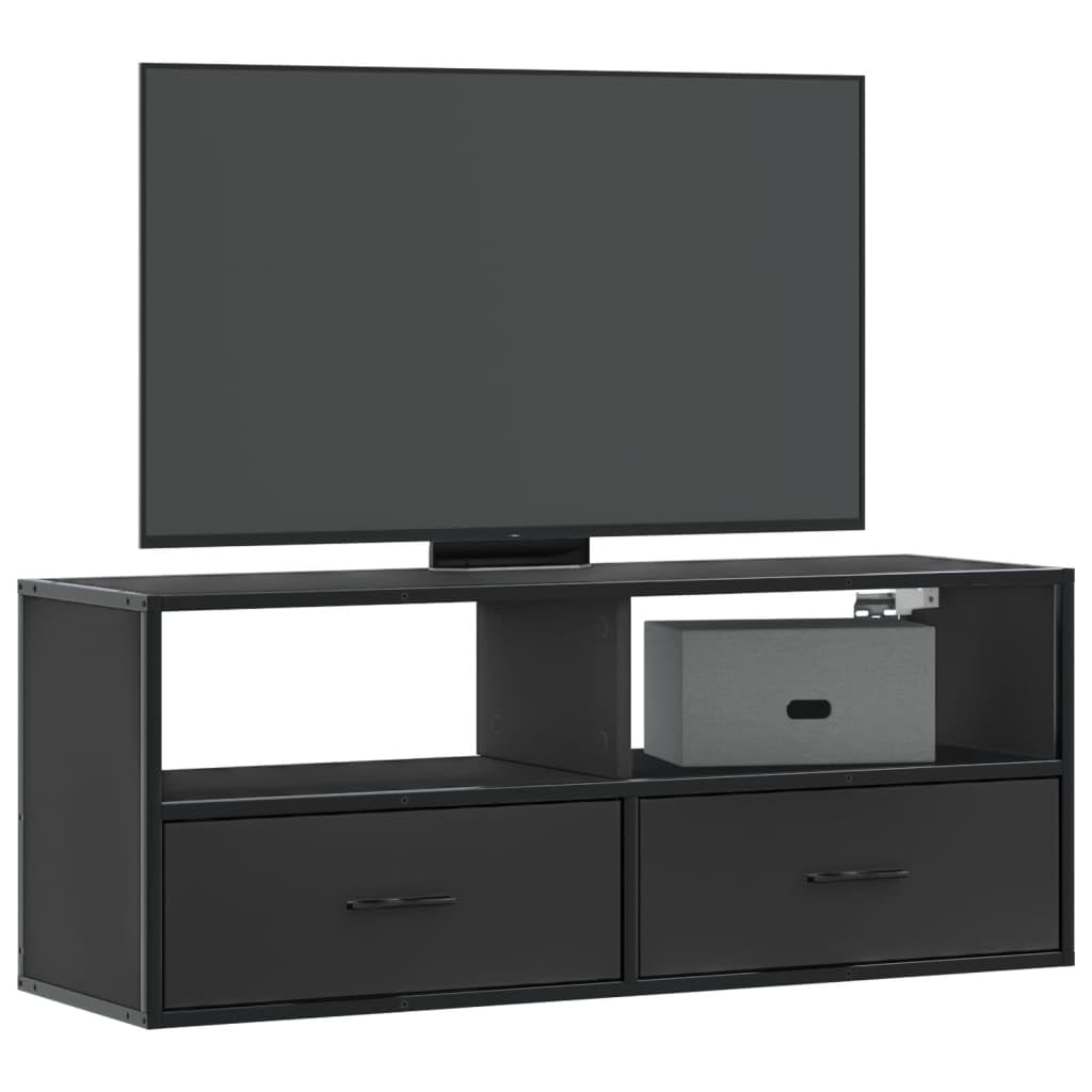 YUANCHUTOP Small Floating TV Unit Stand 100cm, Wall Mounted Media Console with 2 Drawers & Storage Shelf, Industrial Style Hanging Wall Cabinet, Black