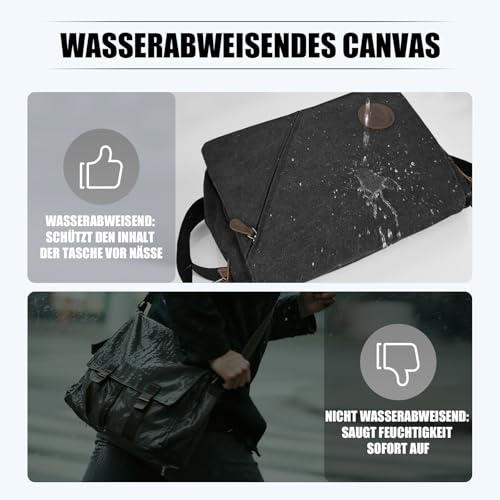Eshow Umhängetasche Herren 13 Zoll Wasserabweisend, Laptoptasche Messenger Bag aus Echtleder und Canvas, Arbeitstasche Schultertasche Vintage für Arbeit Uni Freizeit Büro Schwarz