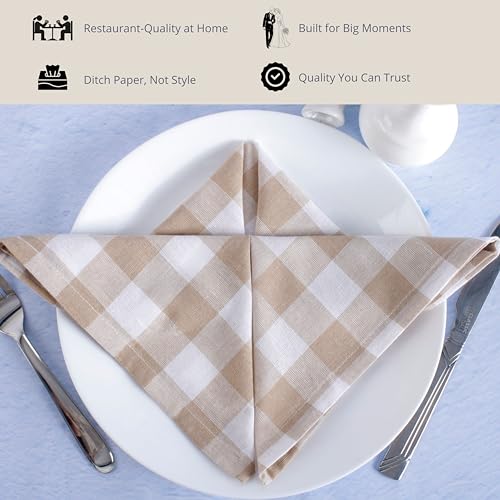 Image of FINGERCRAFT 100% Cotton Cloth Napkins Set of 12 - 20x20 Inch (50x50 cm) Reusable Dinner Table Napkins, Soft & Absorbent Buffalo Check Gingham Fabric, Washable Kitchen & Dining Napkins (Beige White)