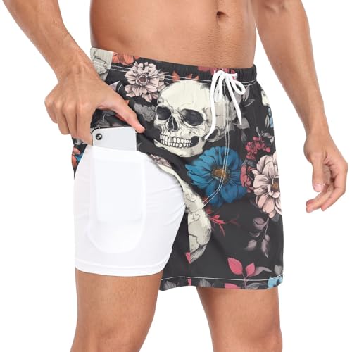 Skull Colorful Flowers Men's Swim Trunks with Liner Quick Dry Beach Shorts Swimwear Bathing Suit S-XXL4