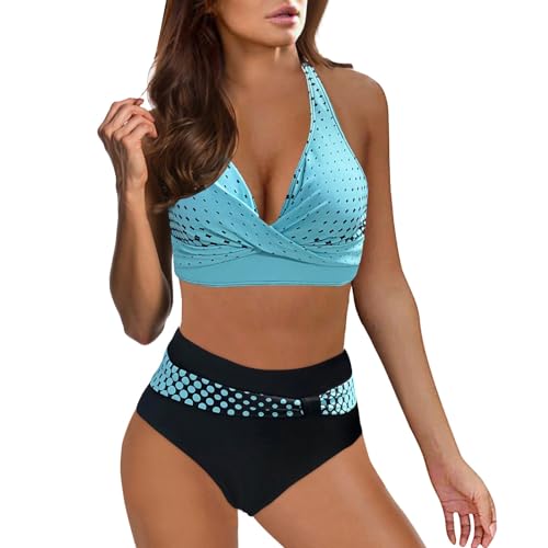 DACONGMING Bikini para mujer, traje de baño de dos piezas, cuello en V, diseño floral cruzado, control de abdomen, conjuntos de bikini para mujer, push up, deporte, sexy, Azul claro., L