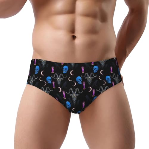 Men's Goth Raven Skull Goat Bikini Swim Briefs Drawstring Sexy Low Rise Swimwear with Adjustable Drawstring, Medium