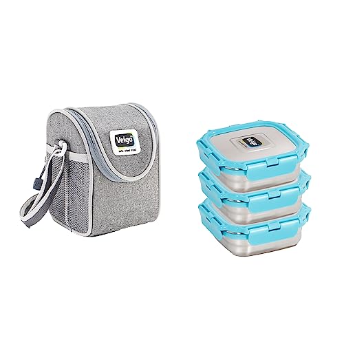 Veigo Stainless Steel Medium Snack Box Set of 3( 330 ml + 330 ml+ 330 ml)with Insulated Pouch | Airtight & Leakproof| Freezer & Dishwasher Safe| Snacks Box For School|Silicone Ring| Safe Lid Lock|Blue