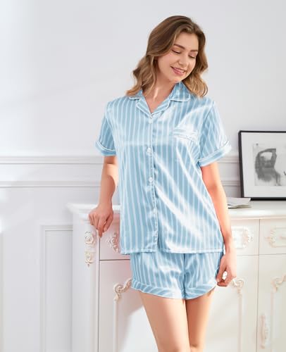 Satin Pajama Set Striped Silk PJ Set Drawstring Ruffled Satin Shorts - 2 Piece Silky Pajamas3