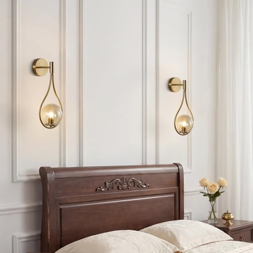 Image of KCO Lighting Teardrop Wall Sconce Brass Gold Wall Sconce Set of 2 Vintage Amber Glass Wall Light Mid Century Modern Bathroom Vanity Light