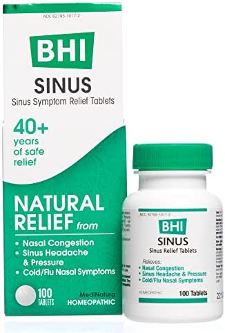 BHI Sinus Natural Congestion Relief 7 Targeted Homeopathic Active Ingredients Help Relieve Nasal Cold Symptoms, Pain, Pressure & Headache Extra Strength Support for Women & Men - 100 Tablets