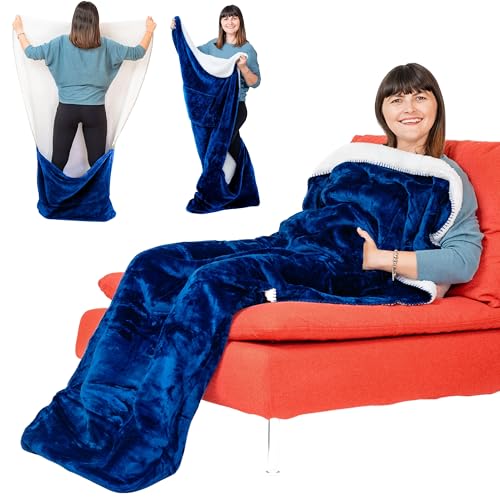 EzrAllora Premium Double Layer Foot Pocket Blanket -Patent Pending- TV Throw - Gamer Gifts for Men Who Want Nothing - Lap Blanket (Double Layer Sherpa-Fleece, Velvet Blue)