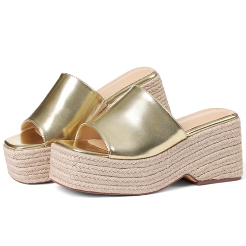Image of EQAUDES Platform Slip on Espadrille Sandals for Women Summer Wedges Slides -Flatform, Open Toe, Bohemia, Beach, Wedding
