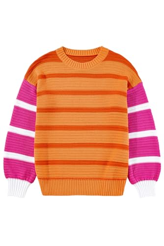 Women's Vibrant Orange Stripe Colorblock Crew Neck Drop Shoulder Loose Sweater