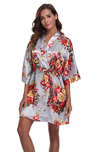 Women's Bridesmaid Robe Short Floral Wedding Kimono Robe Satin Floral Kimono Bathrobe for Bridal Wedding Party Sliver L