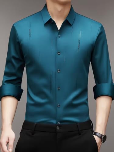 Image of IndoPrimo Men's Regular Fit Satin Designer Shirt with Stylish Vertical Line Sequence | Long Sleeve Formal & Casual Button Down Shirt for Casual and Party Look