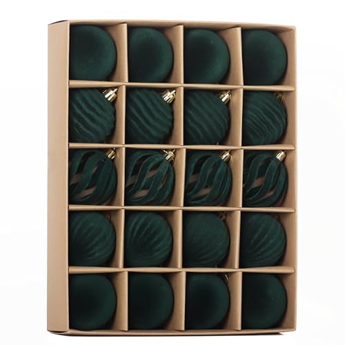 Image of Senjie 20PCS Velvet Ornaments for Christmas Tree 2.36inch Flocked Christmas Balls Assortment for Xmas Tree Holiday Decor Deep Green
