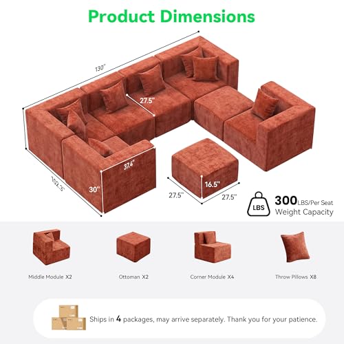 Image of MONVANE Oversized Boneless Sectional Couches for Living Room, 8-Seat Cloud Couch, Modular Sofa with Ottoman & 8 Throw Pillows, Comfy Chenille, No Assembly Required, Red