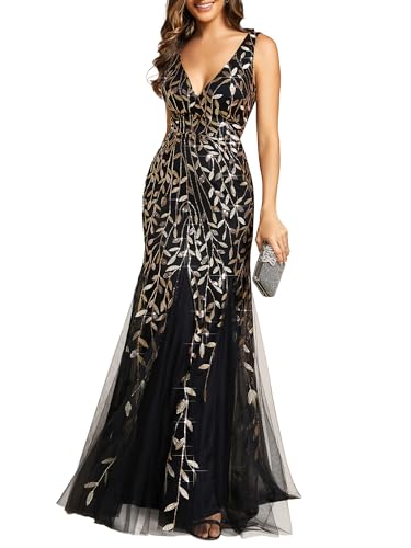 Ever-Pretty Women's Formal Dress Sequin Tulle Double V-Neck Sleeveless Mermaid Long Evening Dress 07886