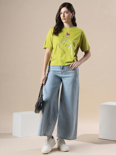Image of Globus Women Green Printed Oversized T-Shirt-3638147001
