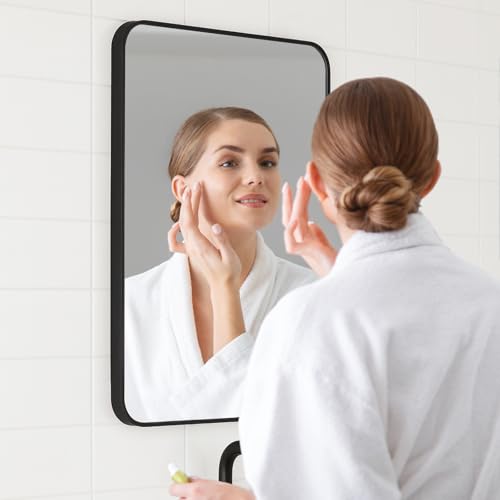 CROWNSHOP 75 X 50cm Bathroom Mirror with Black Aluminum Frame, HD Glass Wall-Mounted Rectangle Mirror with Curved Corners for Bathroom, Living Room Vertical or Horizontal Hanging Wall Decor - Cosy Home Interiors CROWNSHOP 75 X 50cm Bathroom Mirror with Black Aluminum Frame, HD Glass Wall-Mounted Rectangle Mirror with Curved Corners for Bathroom, Living Room Vertical or Horizontal Hanging Wall Decor - Image 4