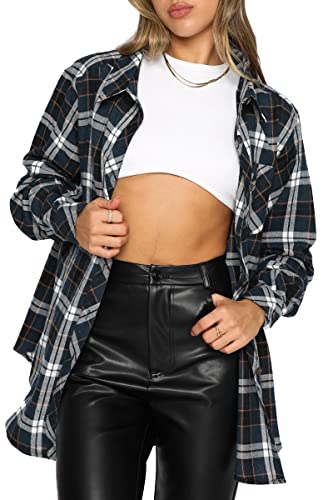 Image of CHYRII Womens Button Down Flannel Shirts Long Sleeve Plaid Shackets Business Casual Blouse Top