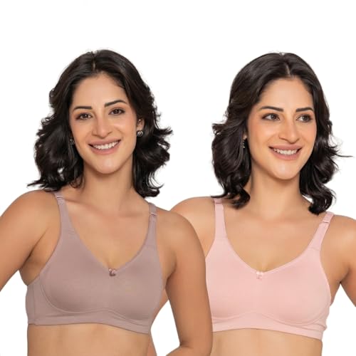 Image of INKURV Seamless Non-Padded Bra for Women | Non-Wired Cotton Full Coverage T-Shirt Bra | Thin Adjustable Straps | Double Layered Cups | Anti Sag Lift Up Support | Luna Combo of 2
