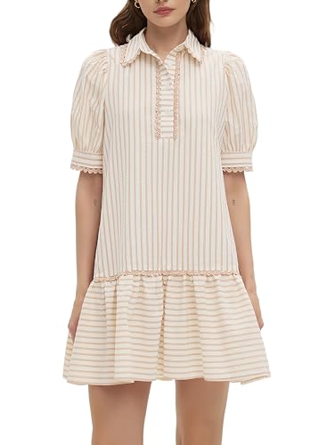 Image of EZAPINE Women Striped Shirt Dress Summer Button Down Collared Short Puff Sleeve Ruffle Hem Casual Flowy Mini Dress