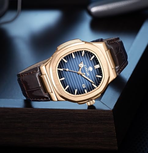 Image of Men Octagonal Rose Gold Luxury Watch for Boy Black Striped Dial, Date Display, Luminous Markers, 30M Waterproof, Leather Strap, Quartz Movement