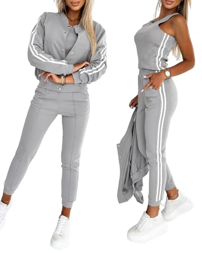 CHICME Womens Three Piece Outfits Striped Tape Patch Tank Tops Bomber Jacket with Sporty Pants Tracksuit Lounge Sets Gray-M