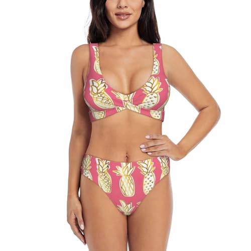 Maillot de bain deux pièces imprimé ananas extensible et doux pour femme