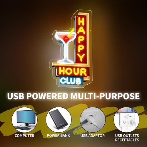 Image of Happy Hour Neon Signs Dimmable Retro Led Happy Hour Club Neon Light for Bar Club Pub Party USB Powered Neon Light Sign Man Cave Gifts(Yellow)